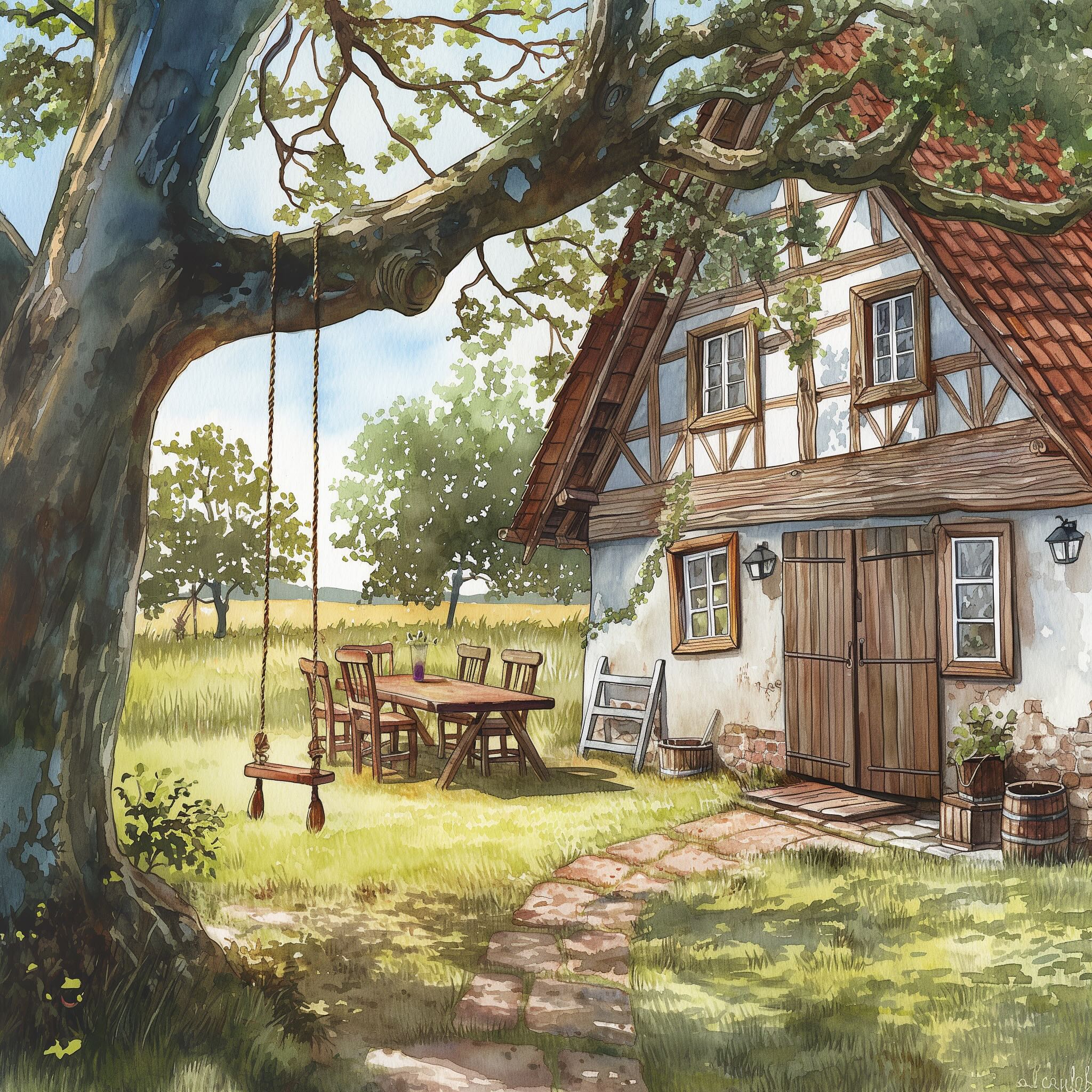 A swing before a truss farm building