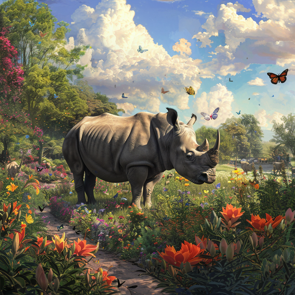 A rhino standing on blooming grassland - lots of butterflies