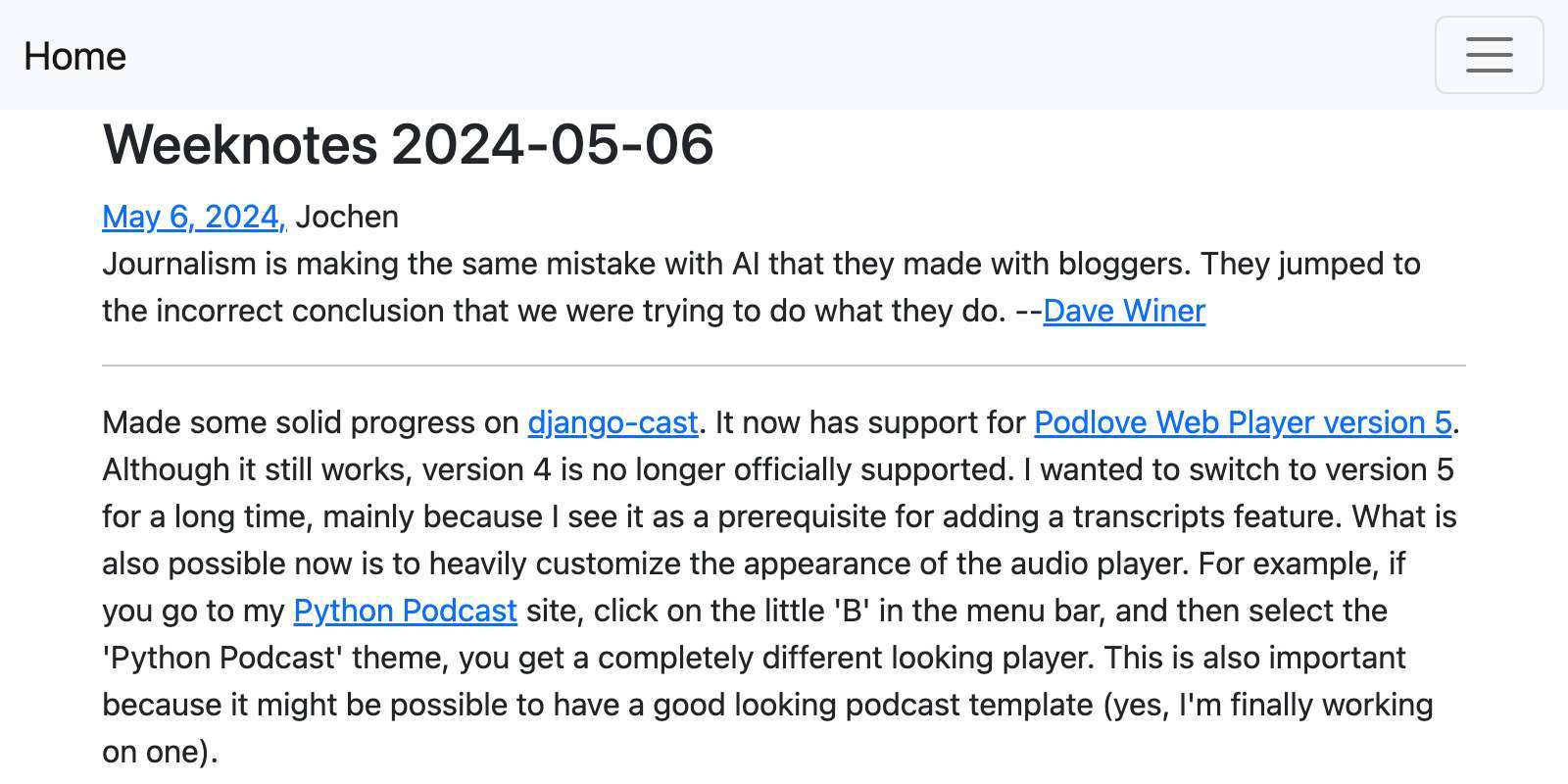 Screenshot of blog post